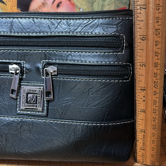 Stone Mountain USA Bag Black Leather w PVC Silver Zipper Pockets 9”Lx6.75”Hx2”D - Picture 5 of 17